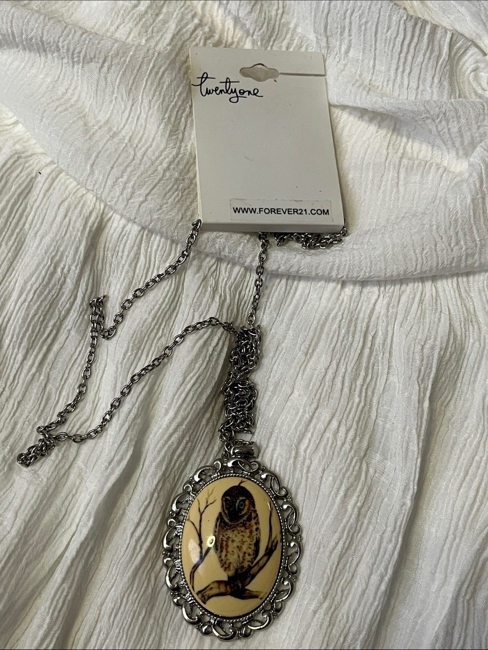 Forever 21 Silver Owl Cameo Pendant Necklace - Cream and Brown